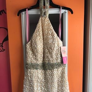 Beaded collar, low back dress with lace overlay